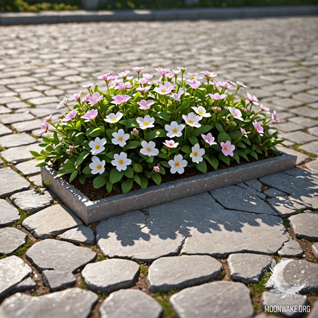 A shabby stone curb with small white and pink flowers under sun rays.