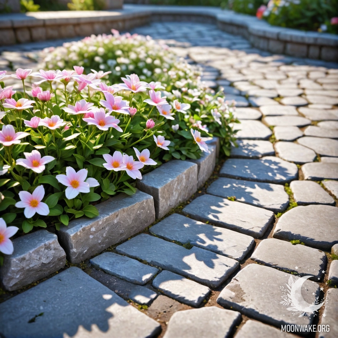A shabby stone curb with small white and pink flowers growing behind it, illuminated by sun rays.