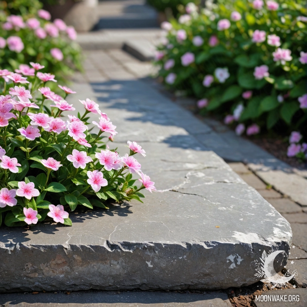 A shabby stone curb with small white and pink flowers growing behind it.