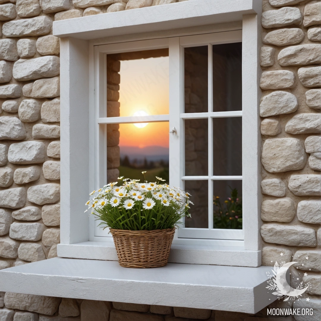 A sweet white stone wall with an open window and a basket of daisies on the windowsill during sunset.