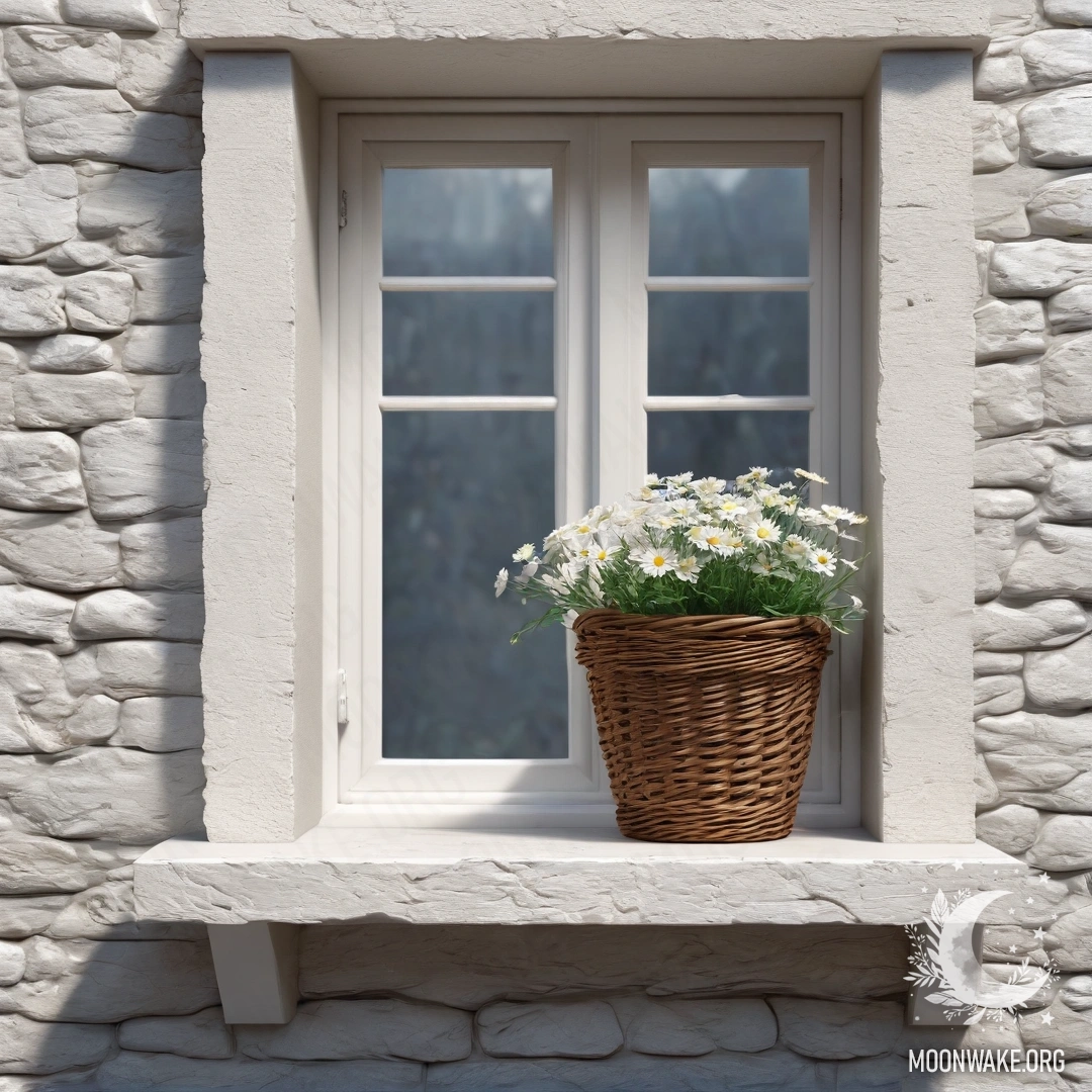 A sweet white stone wall with an open window and a basket of daisies on the windowsill.