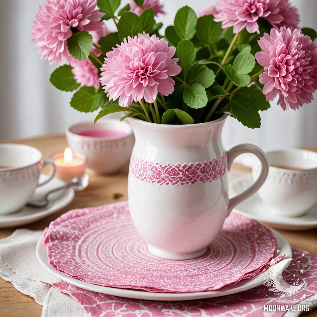 A round straw napkin adorned with white porcelain cups featuring a pink pattern, accompanied by a clover in a white vase illuminated by a garland light.