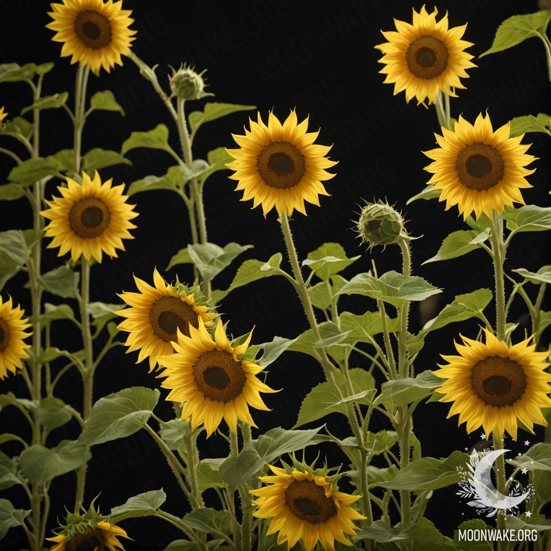 Beautiful golden sunflowers with a delicate web, illustrated in Chinese art style at night.