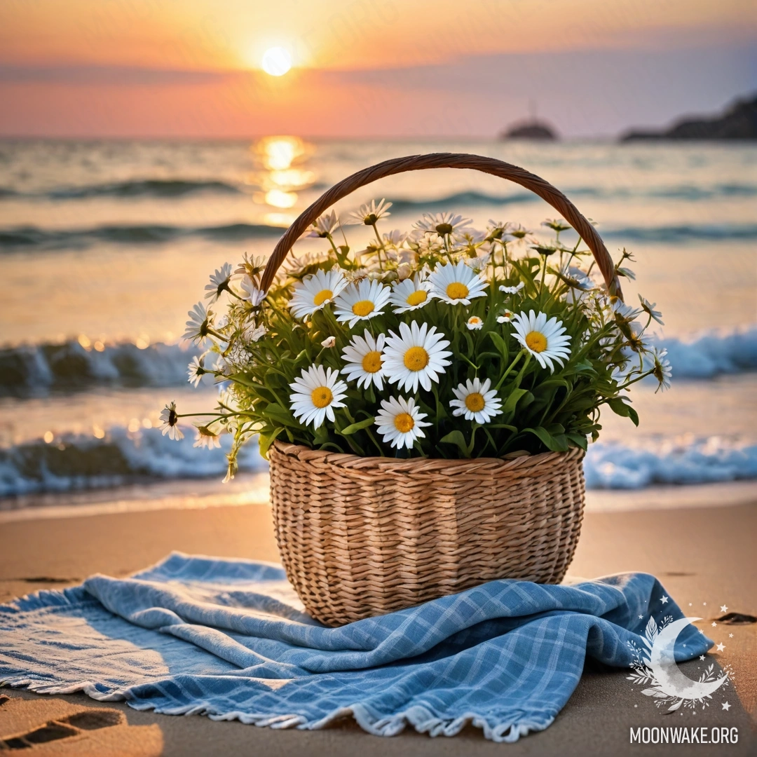 Charming Sunset Beach Still Life A straw bag with a blue tablecloth and a bouquet of daisies on a sandy beach at sunset, with the sea and garland lights in the background.