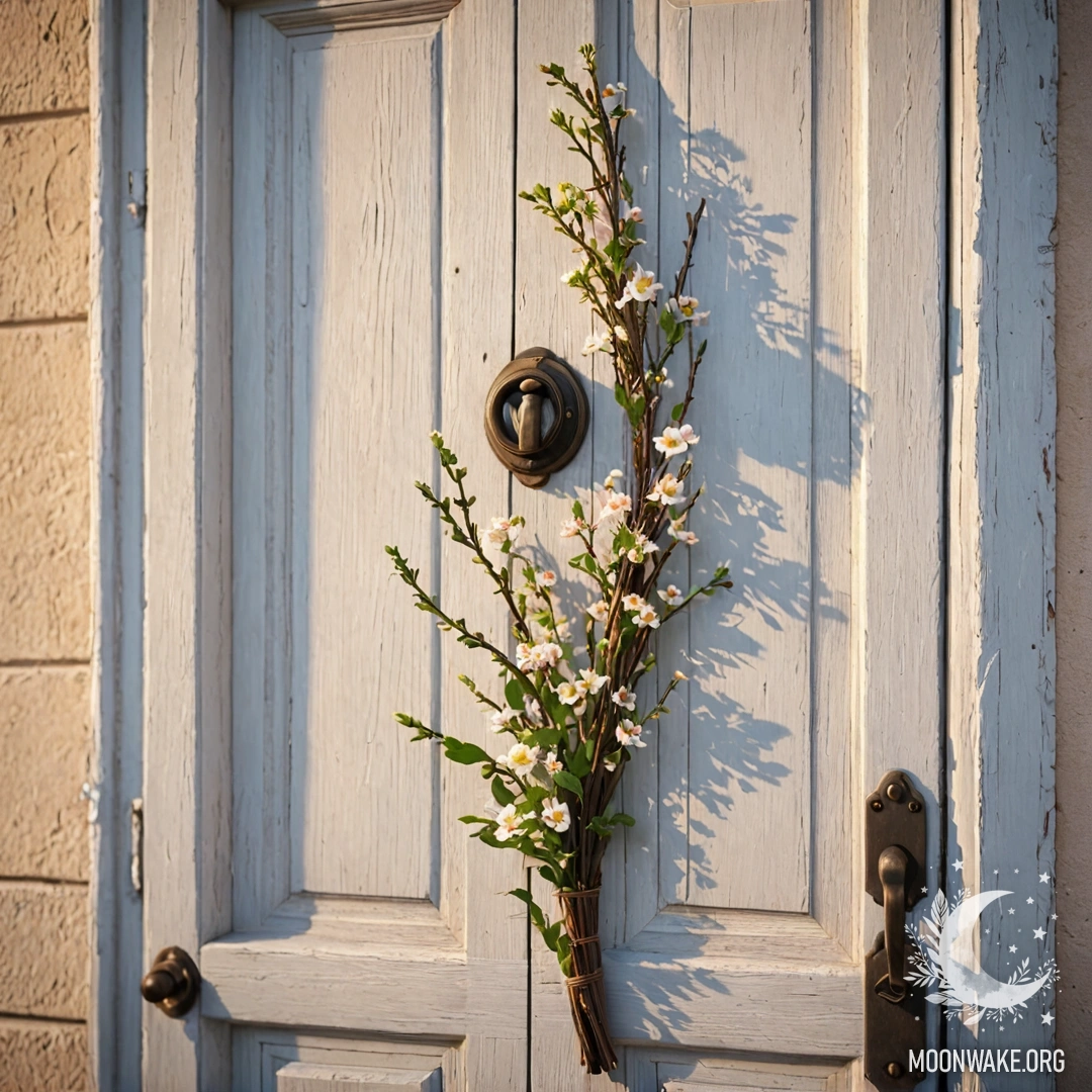 A shabby door with twigs adorned with flowers hanging on the handle during sunset.
