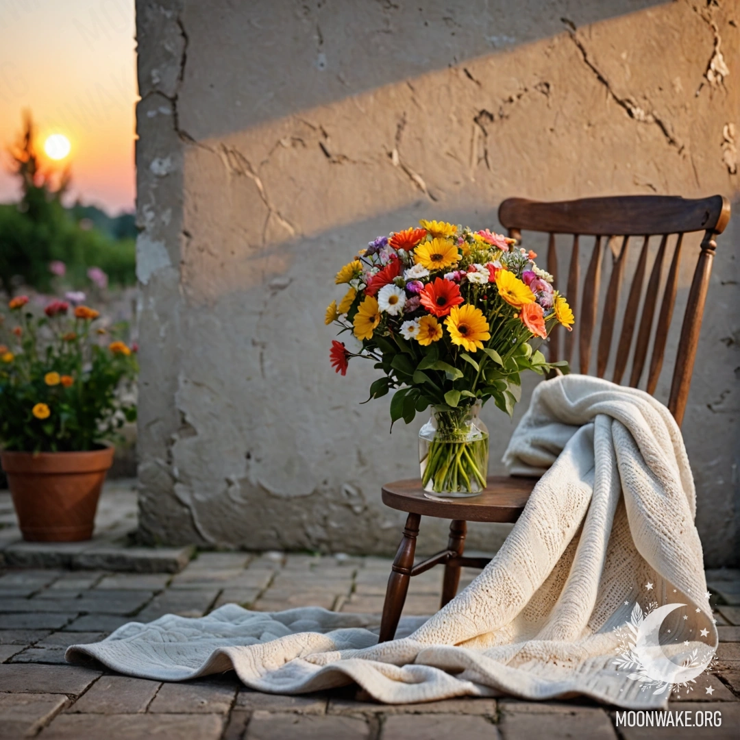 A cozy chair with a blanket and a bouquet of flowers against a shabby wall during sunset.