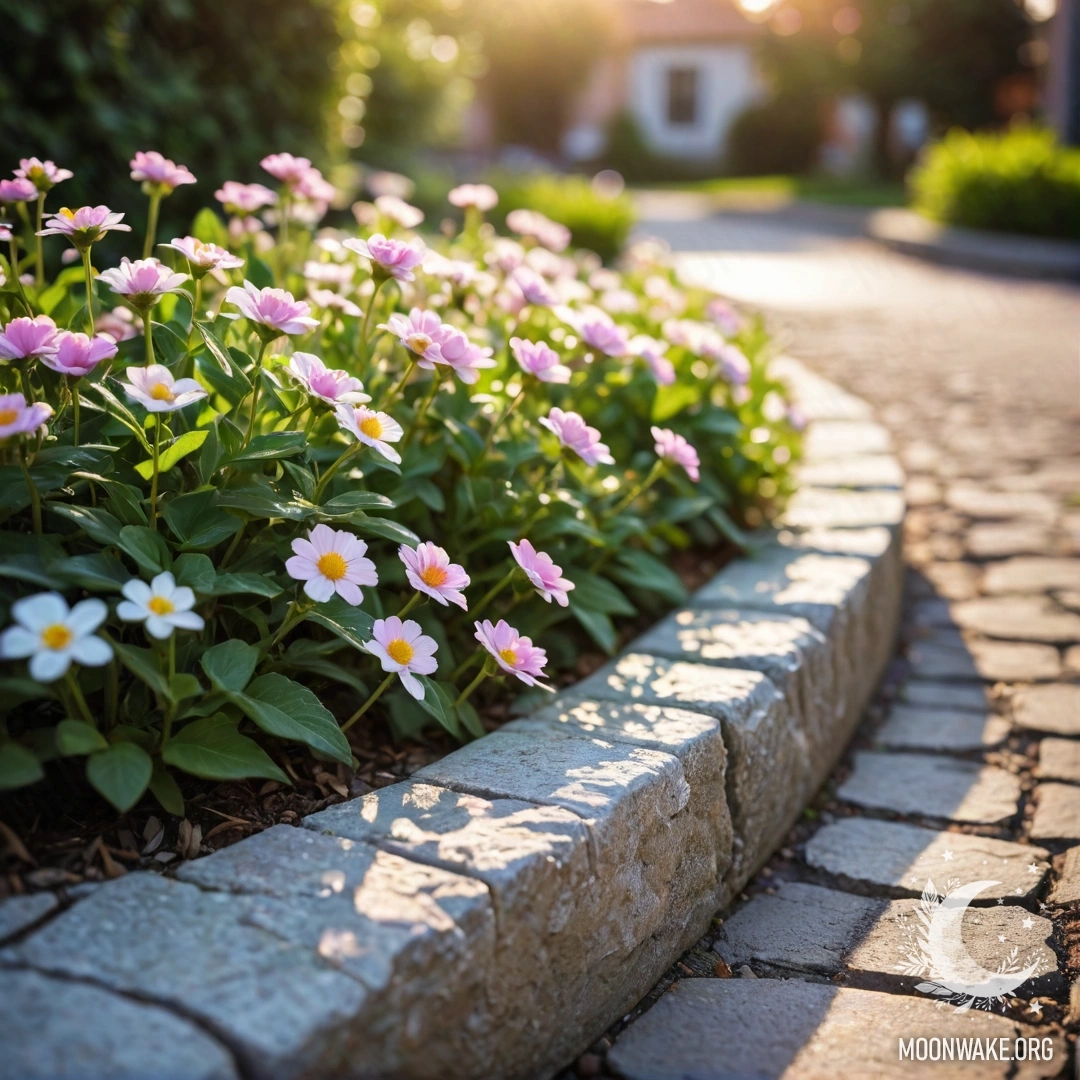 A shabby stone curb adorned with small white and pink flowers at sunset.