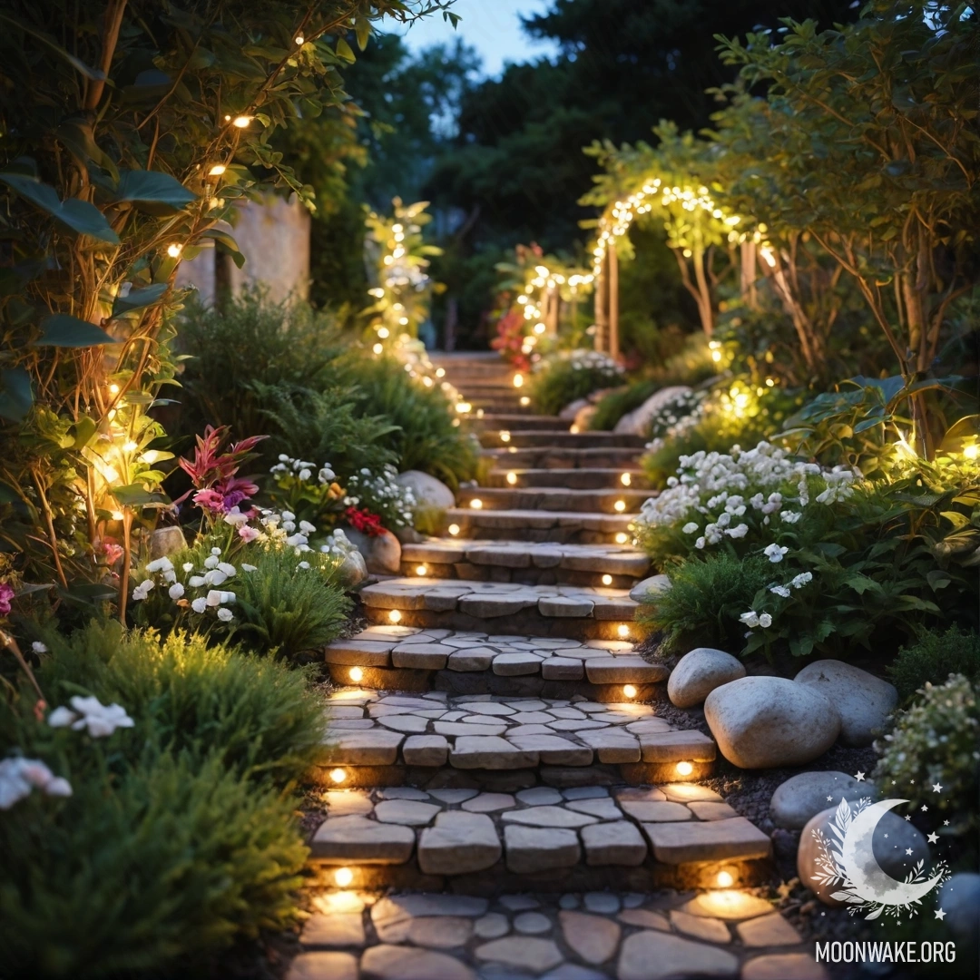 A beautiful garden adorned with light garlands and a stone path leading up a wooden staircase at sunset.