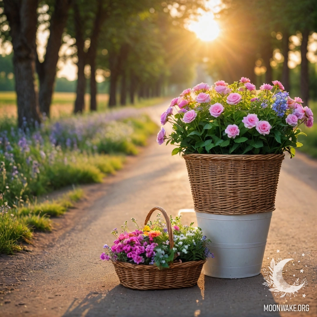 Charming Sunset Path with Flowers A picturesque dirt road with a basket of flowers and a bokeh background of trees at sunset.