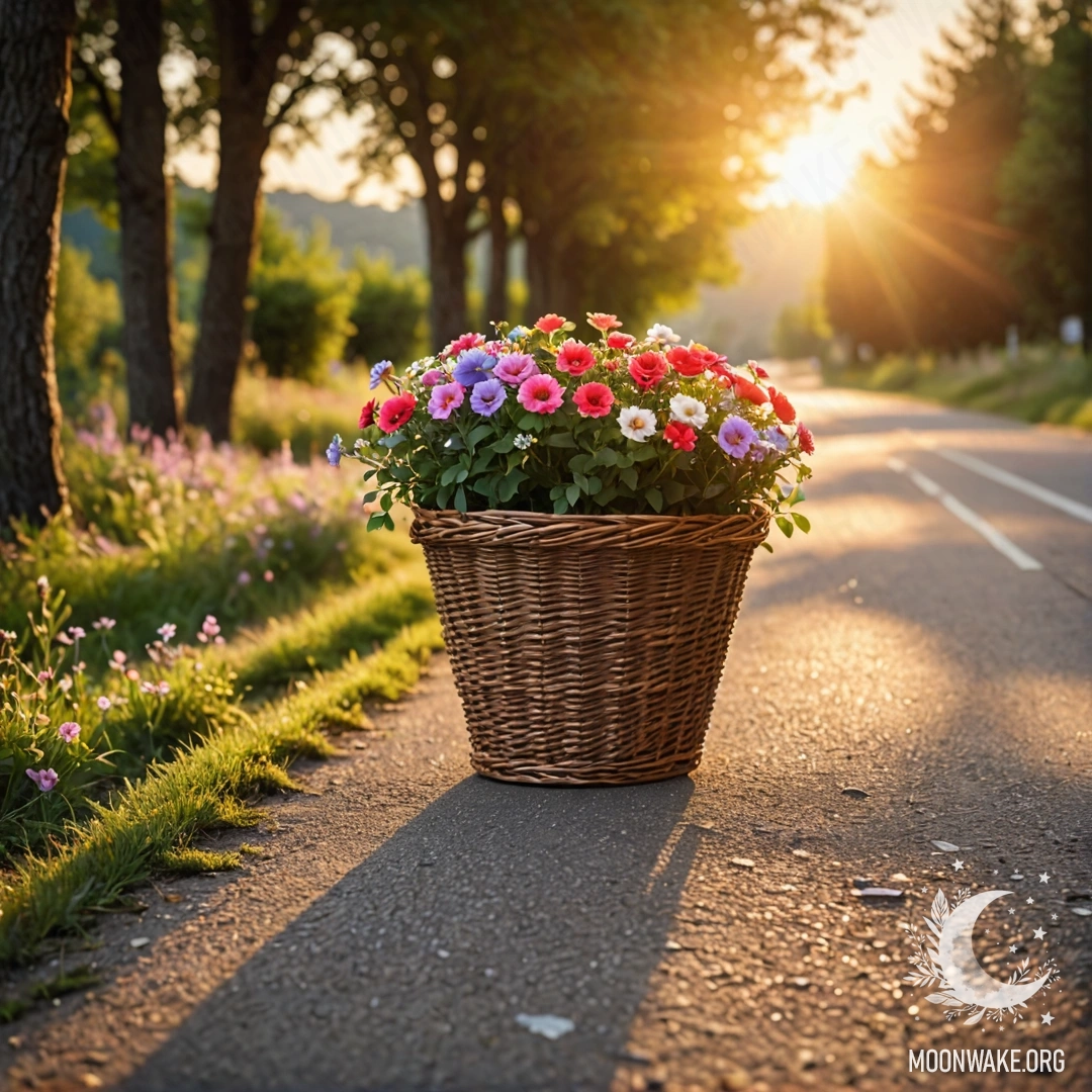A dirt road adorned with a basket of flowers, surrounded by trees at sunset.