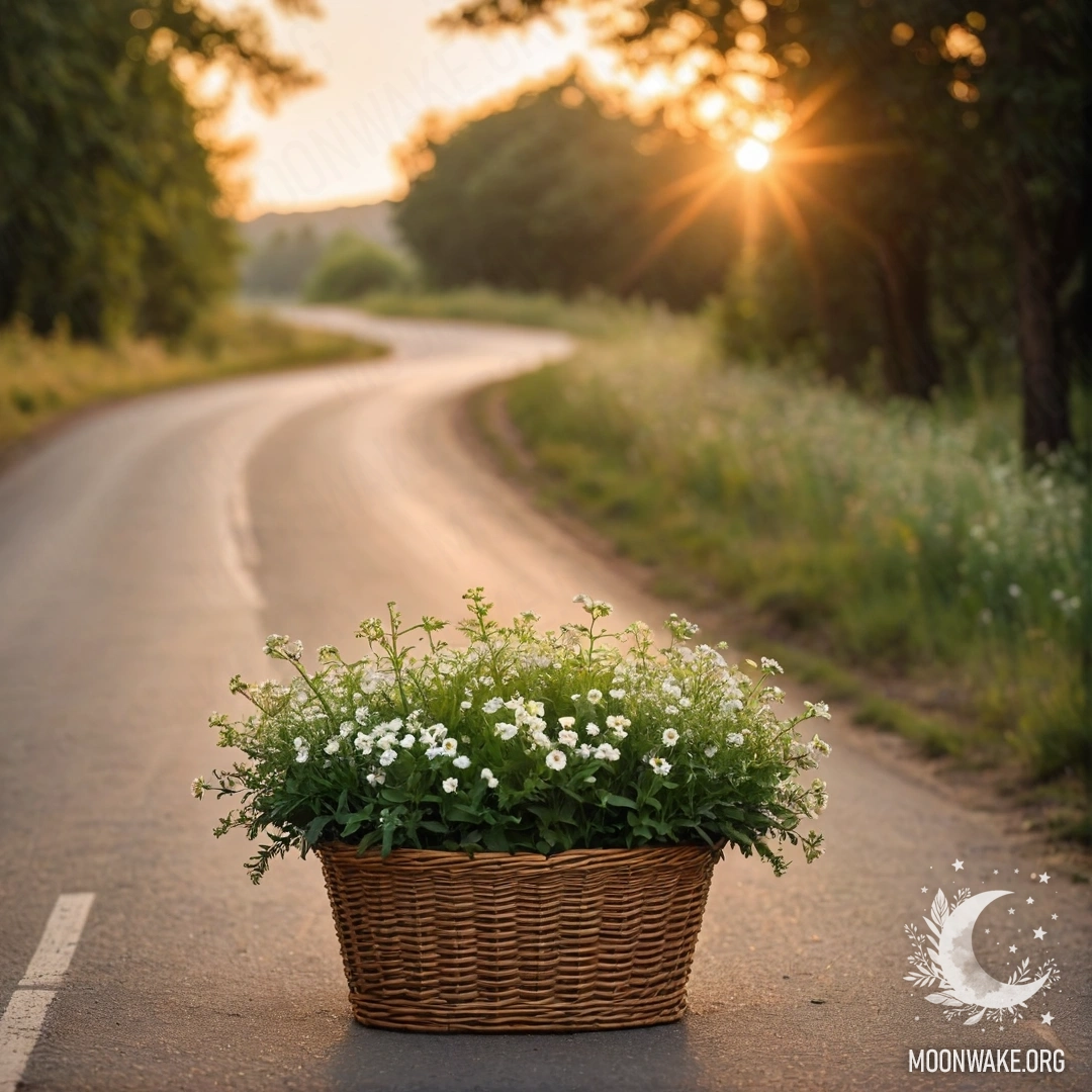 Charming Sunset Road with Flower Basket A picturesque dirt road at sunset with a basket of flowers on it.