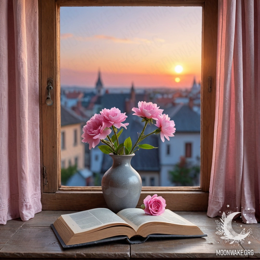 A wooden window sill adorned with an old book, a gray vase containing pink flowers, and a pink curtain glowing in the sunset light.