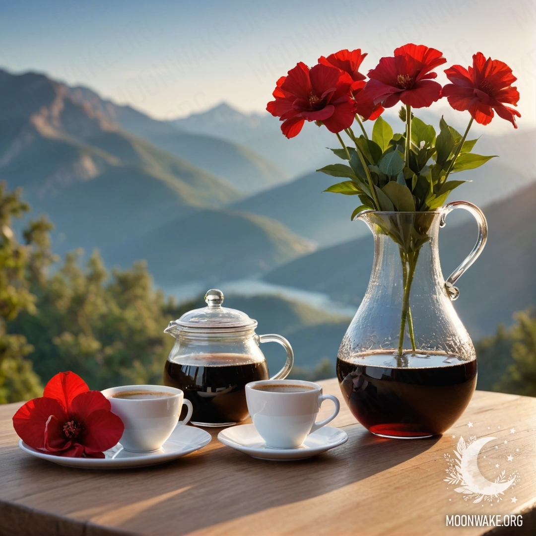 Charming Sunset Table with Flowers and Coffee A sweet wooden table with a jar of red flowers, a coffee pot, and cups, set against mountains during sunset.