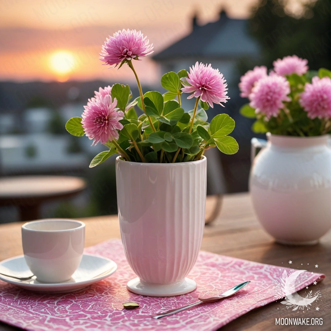 Round straw napkin with white porcelain cups and a clover flower in a vase during sunset.