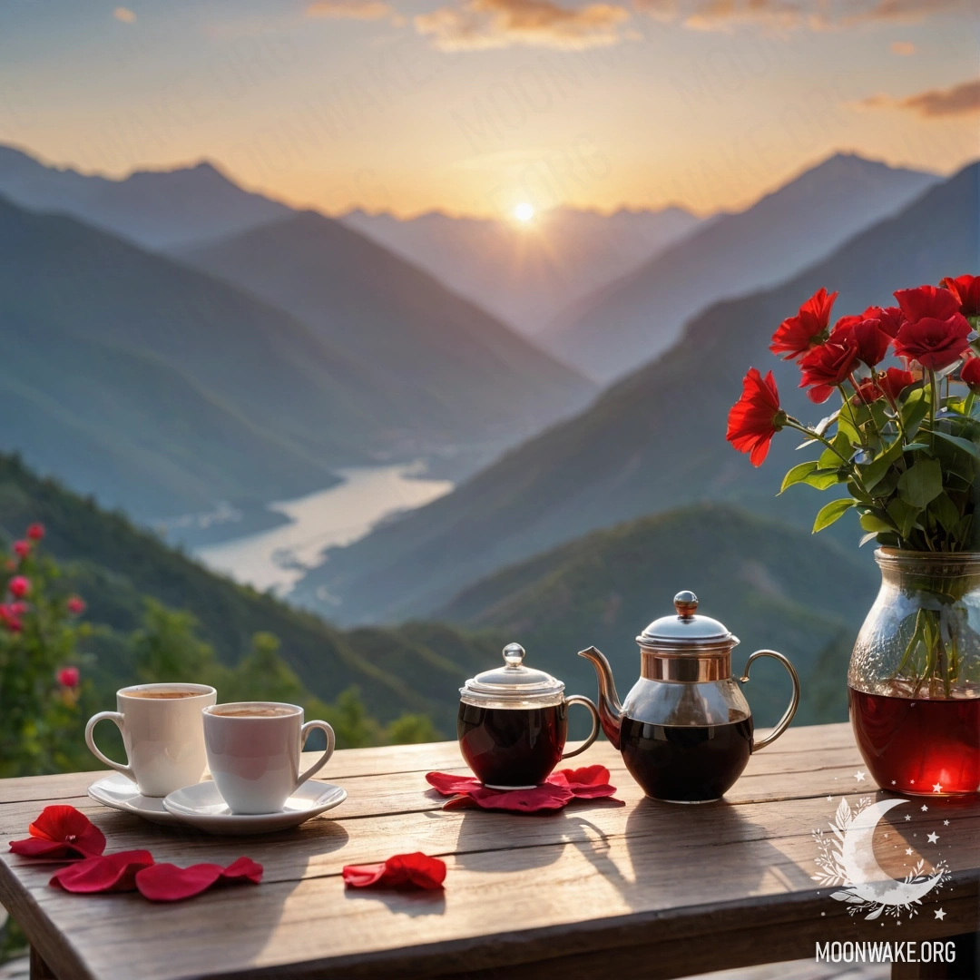 Charming Sunset Table Setting A beautiful wooden table with a jar of red flowers, coffee pot, and cups against a mountain backdrop during sunset.