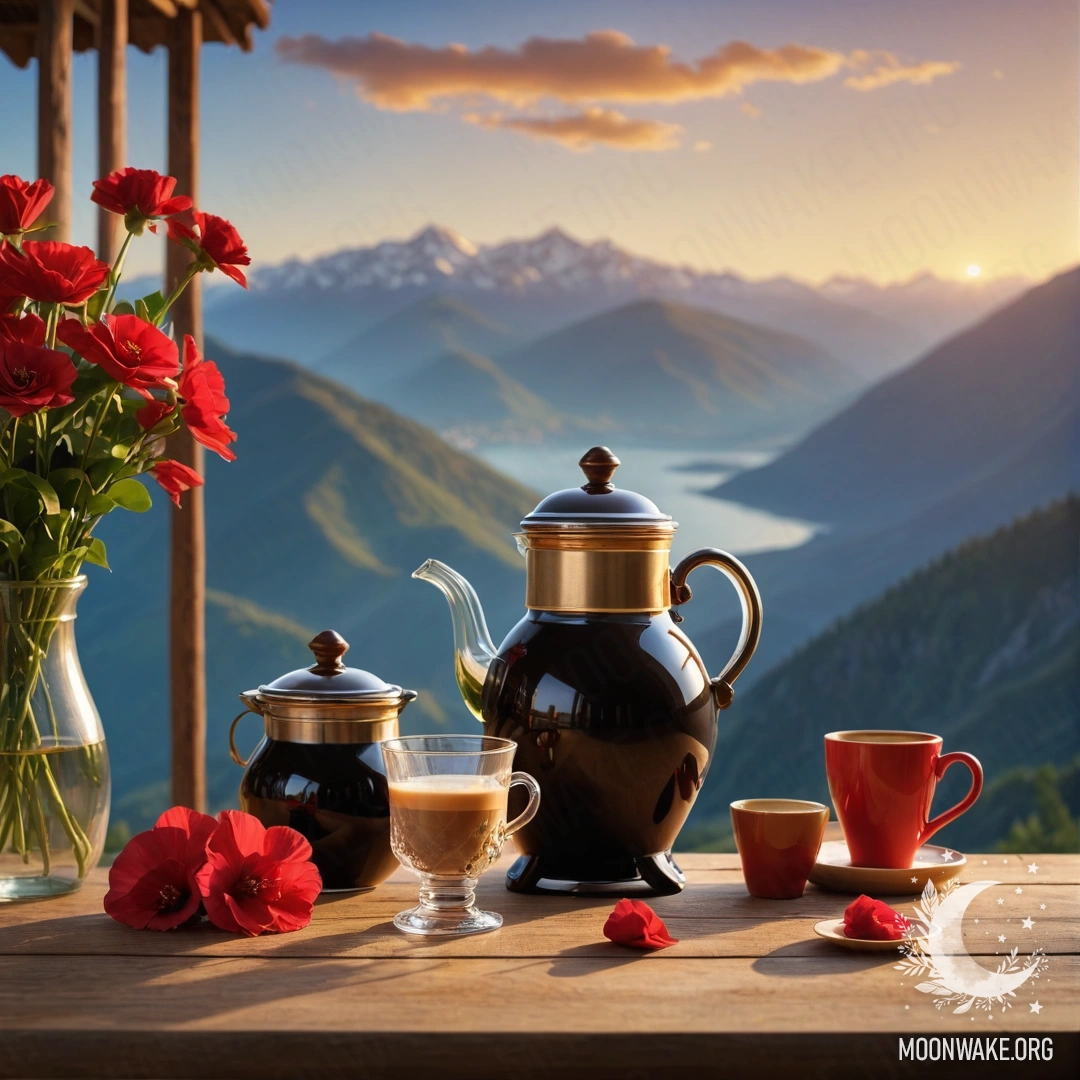 A wooden table with red flowers, coffee pot and cups at sunset, with mountains in the background.