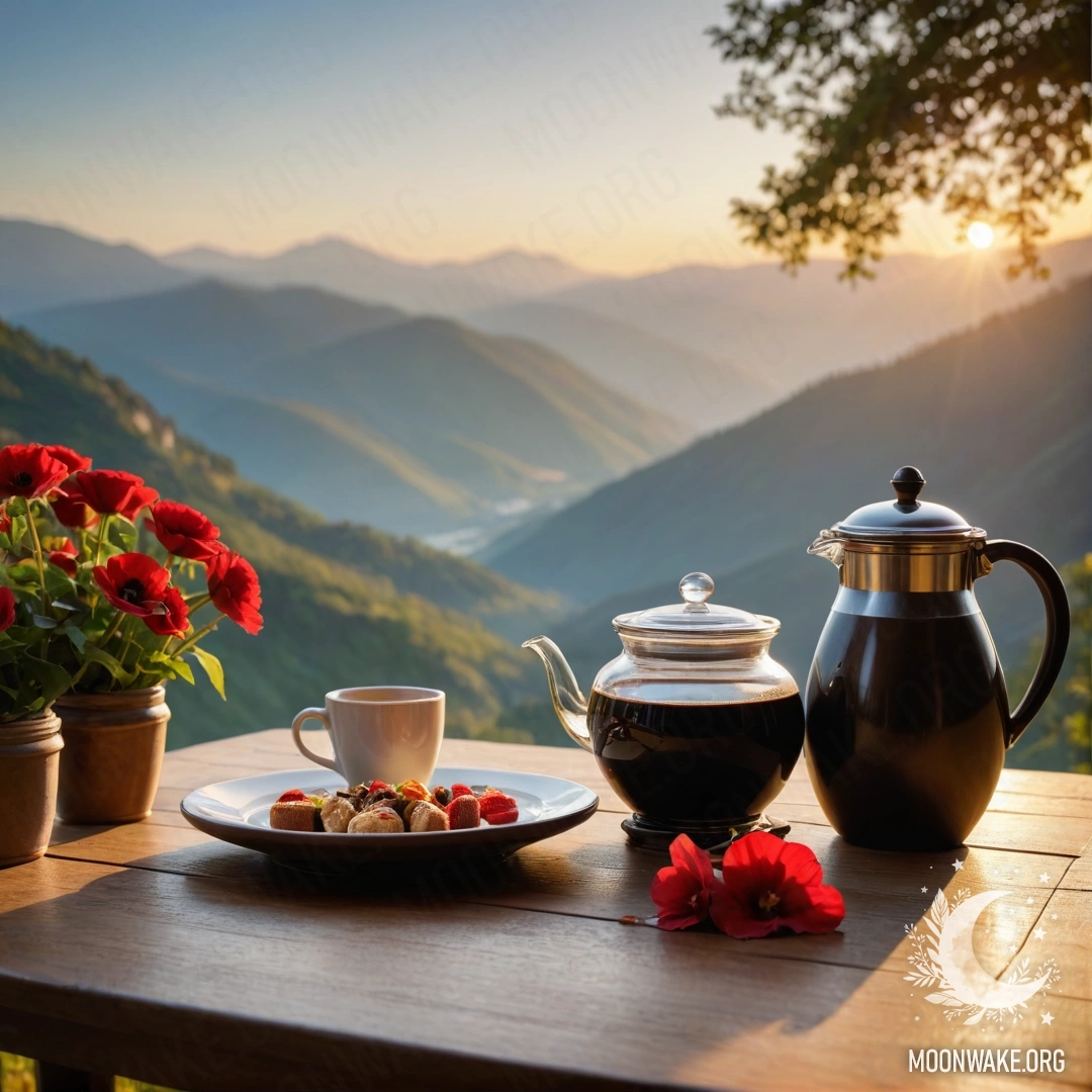 Charming Sunset Table with Flowers and Coffee A sweet wooden table with a jar of red flowers, a coffee pot and cups, against a mountainous sunset backdrop.