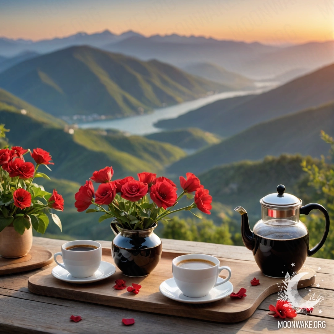 A wooden table with a jar of red flowers, a coffee pot, and cups set against a mountainous sunset.
