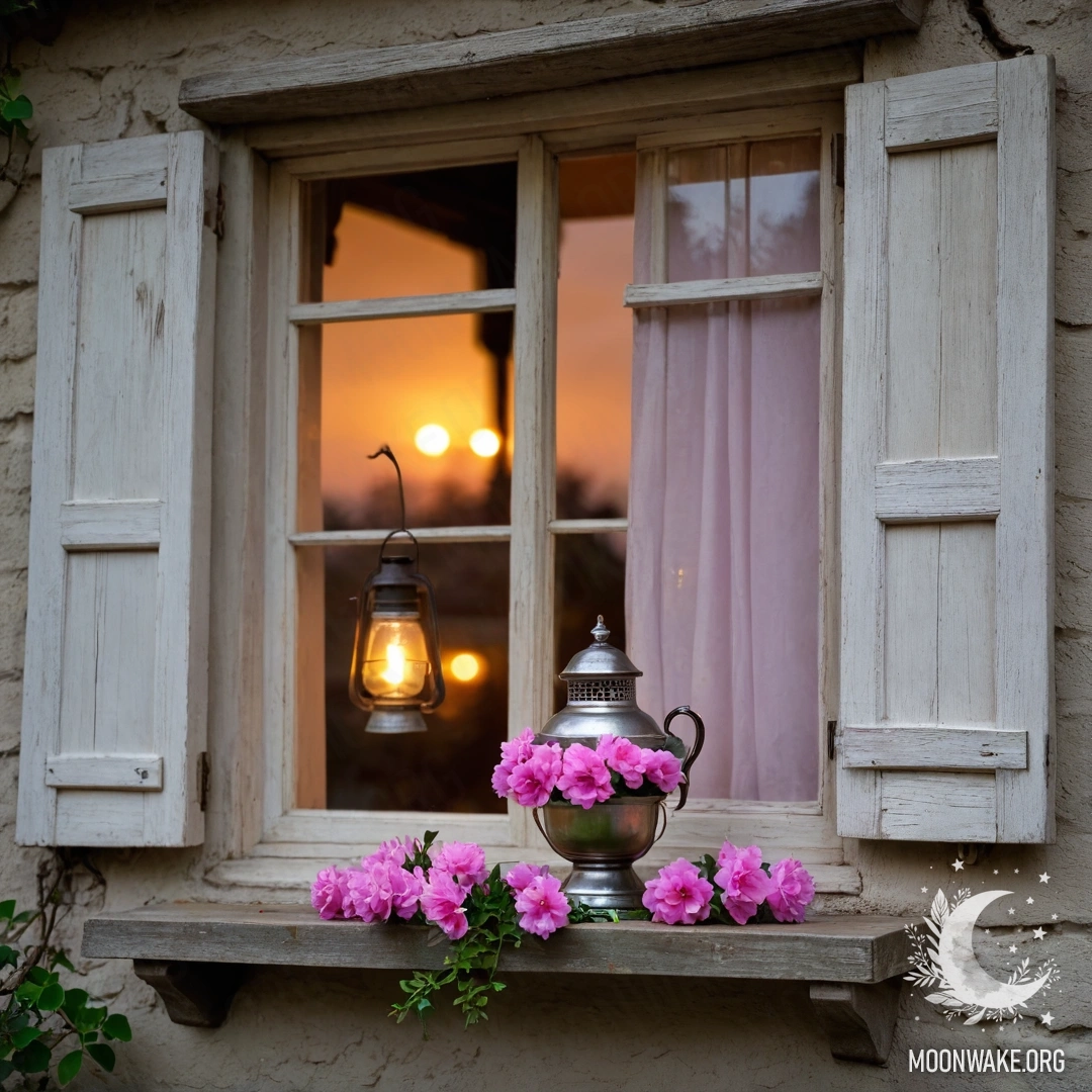 A shabby wooden window adorned with pink flower branches during sunset, with a kerosene lamp hanging above.