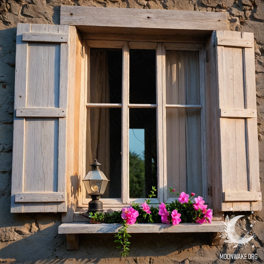 Charming Sunset Window with Pink Flowers A shabby wooden window with shutters, a kerosene lamp hangs above it, and a branch with pink flowers curls around the window during sunset.