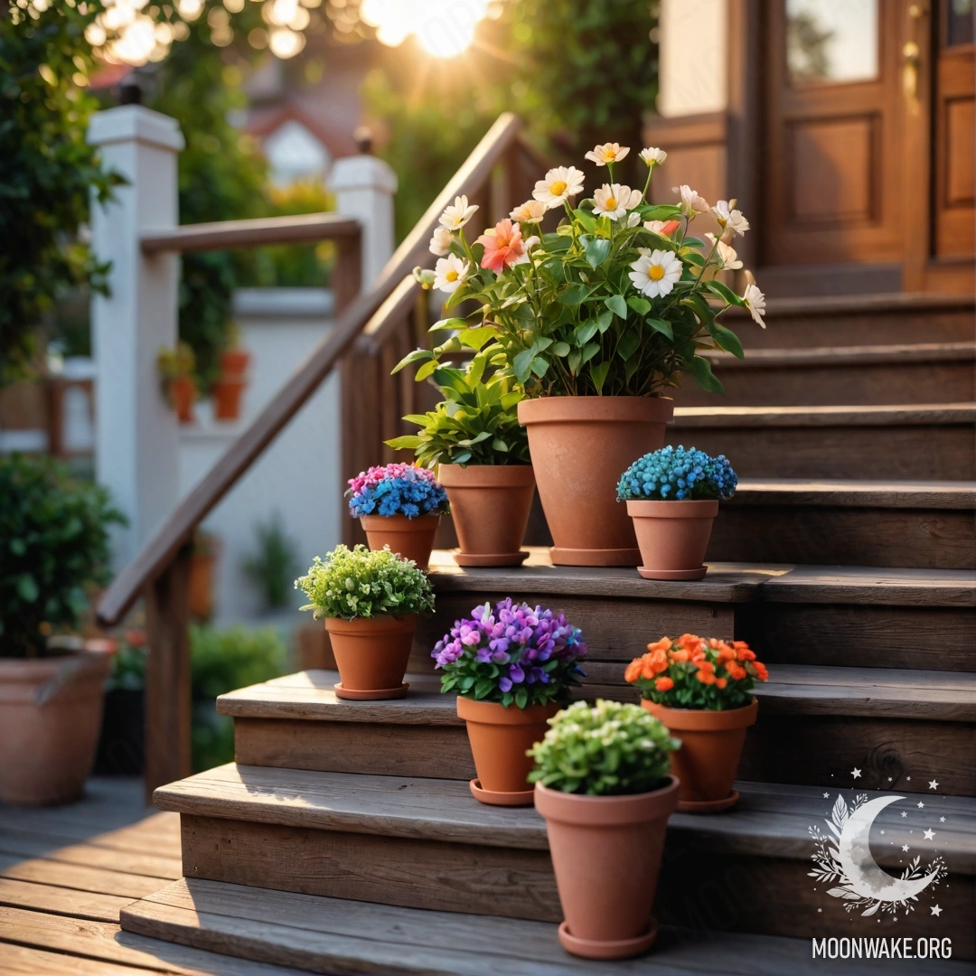 A wooden staircase adorned with flowerpots during sunset.