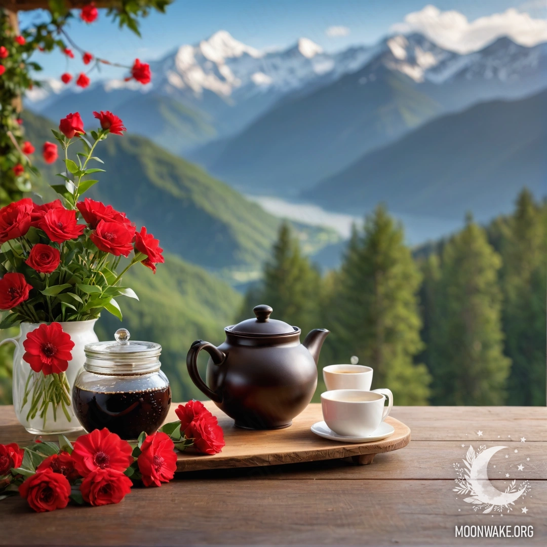 A wooden table adorned with a jar of red flowers, a coffee pot, and cups, illuminated by garland lights with mountains in the background.