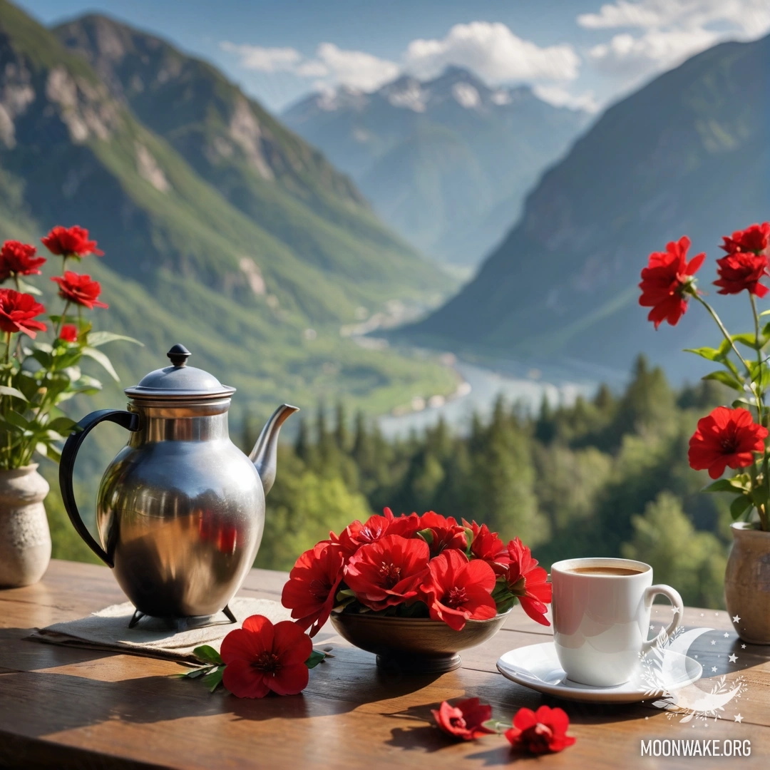 A wooden table with a jar of red flowers, a coffee pot, and cups, set against a mountainous background.