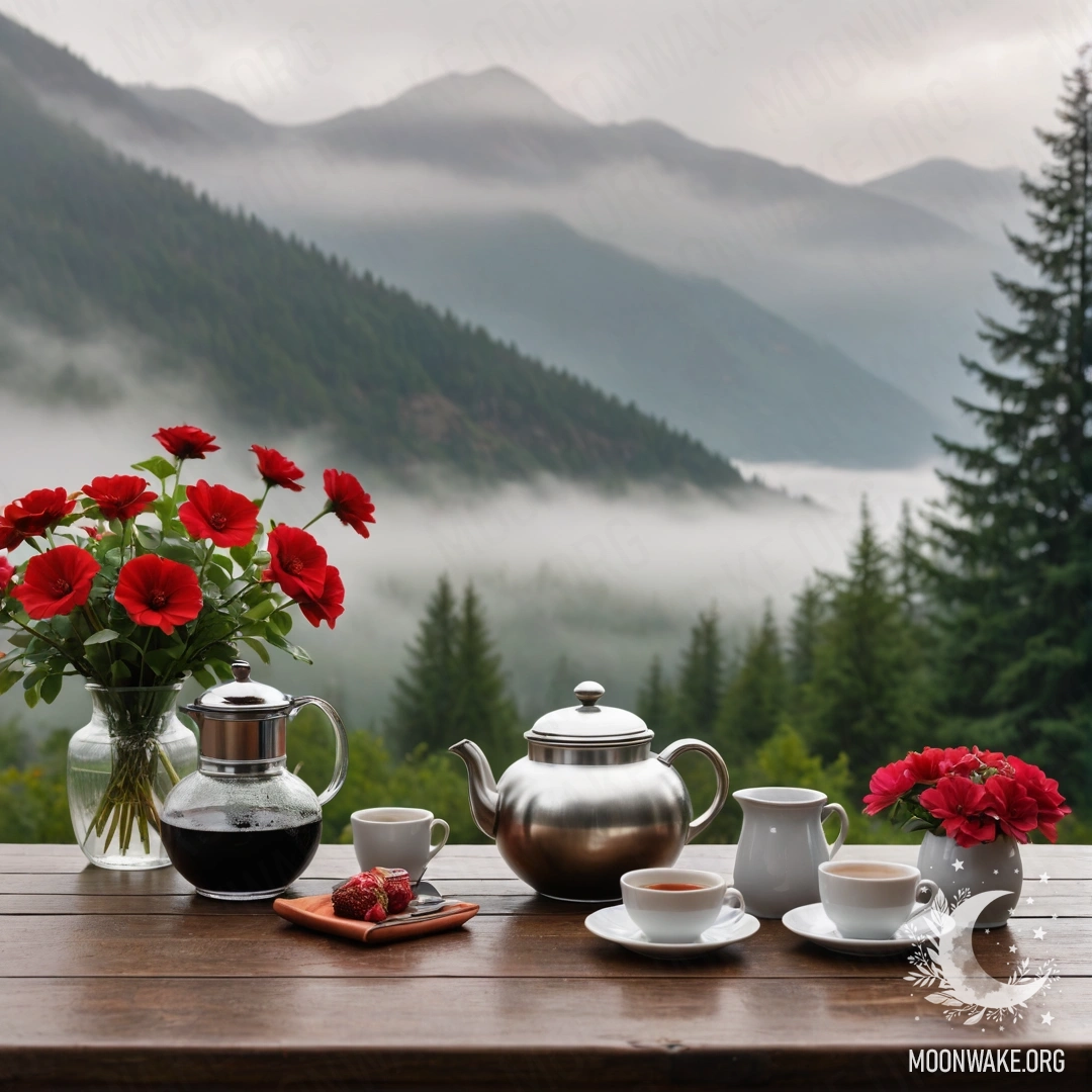 A wooden table covered with a jar of red flowers, coffee pot, and cups, surrounded by dense fog and mountains in the background.