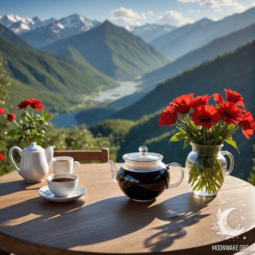 A wooden table featuring a jar of red flowers and a coffee pot with cups, set against a mountainous backdrop illuminated by sunlight.