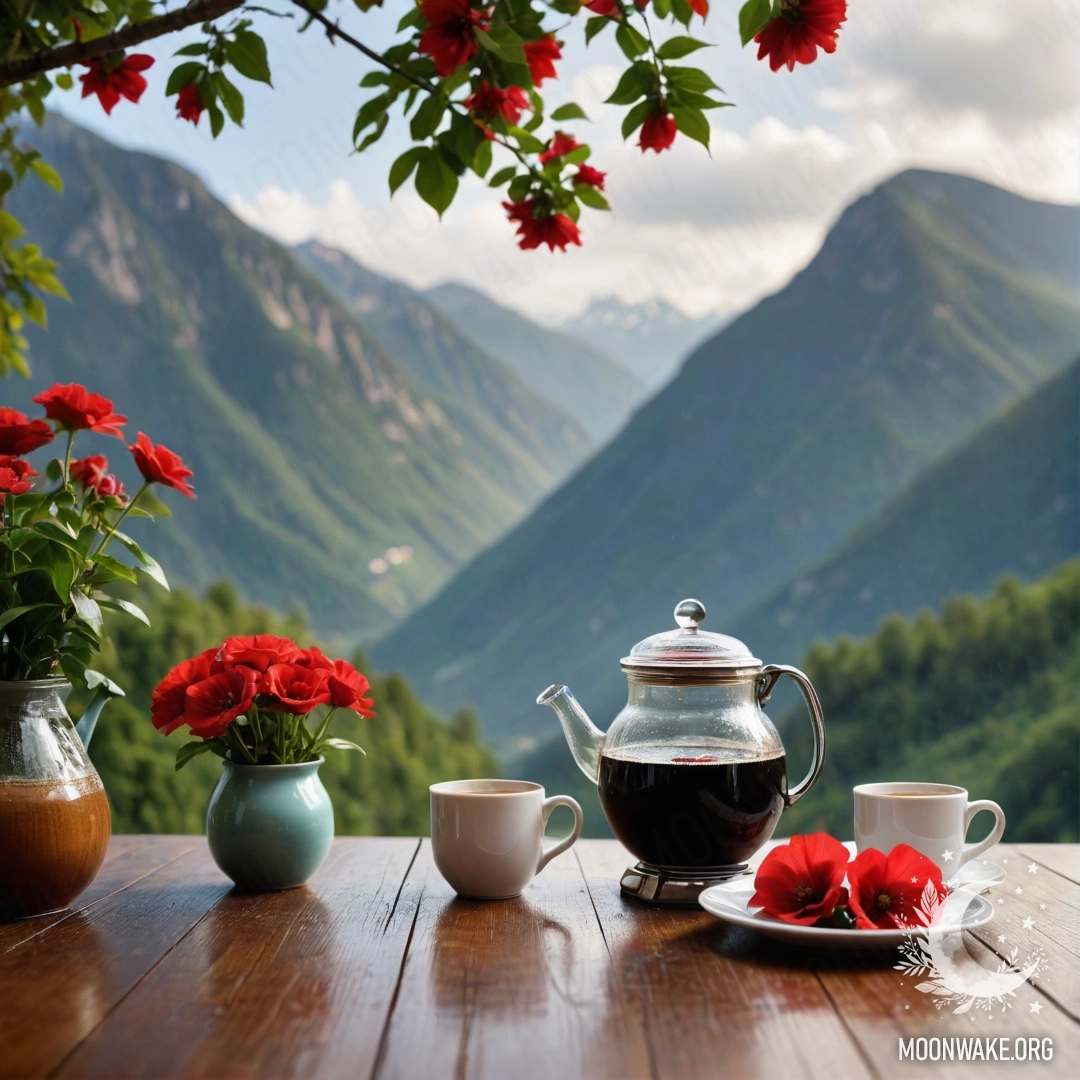 A beautiful wooden table with a jar of red flowers, a coffee pot, and cups in the rain, framed by majestic mountains.