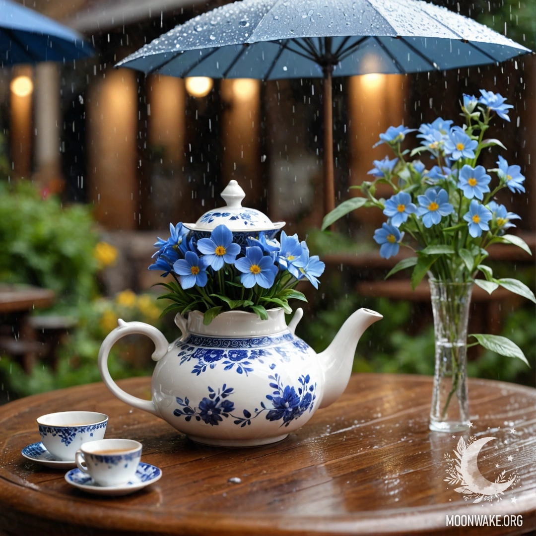 Charming Table with Teapot and Blue Flowers A round wooden table adorned with a porcelain teapot featuring blue flowers inside, under the rain.