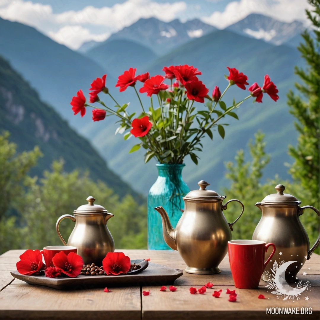 An abstract wooden table set against a mountainous backdrop, adorned with a jar of red flowers, a coffee pot, and cups with a twinkling garland.