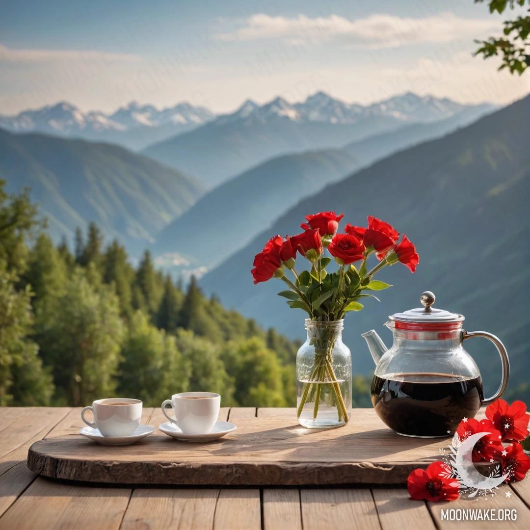 Charming Table with Flowers and Mountains A photorealistic image of a wooden table with a jar of red flowers, a coffee pot, and cups with garland lights against a mountain backdrop.