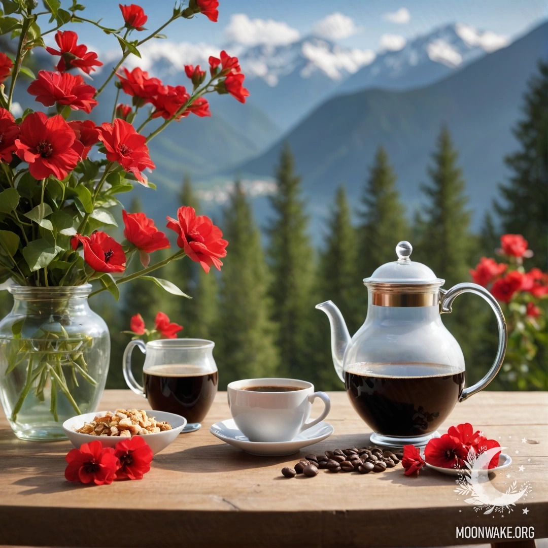 A photorealistic depiction of a wooden table with a jar of red flowers, a coffee pot, and cups, set against a mountain backdrop.