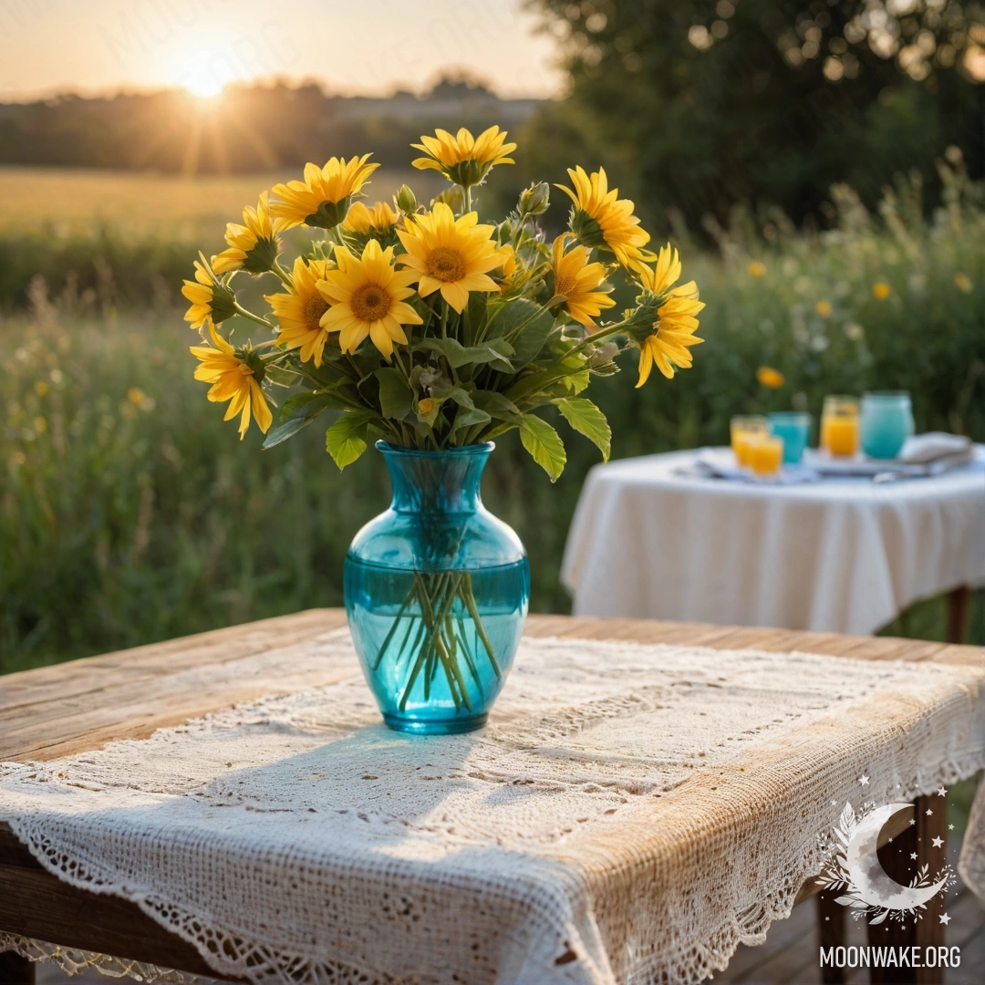A shabby wooden table dressed with a white knitted tablecloth and a turquoise vase filled with yellow flowers, illuminated by sunset.