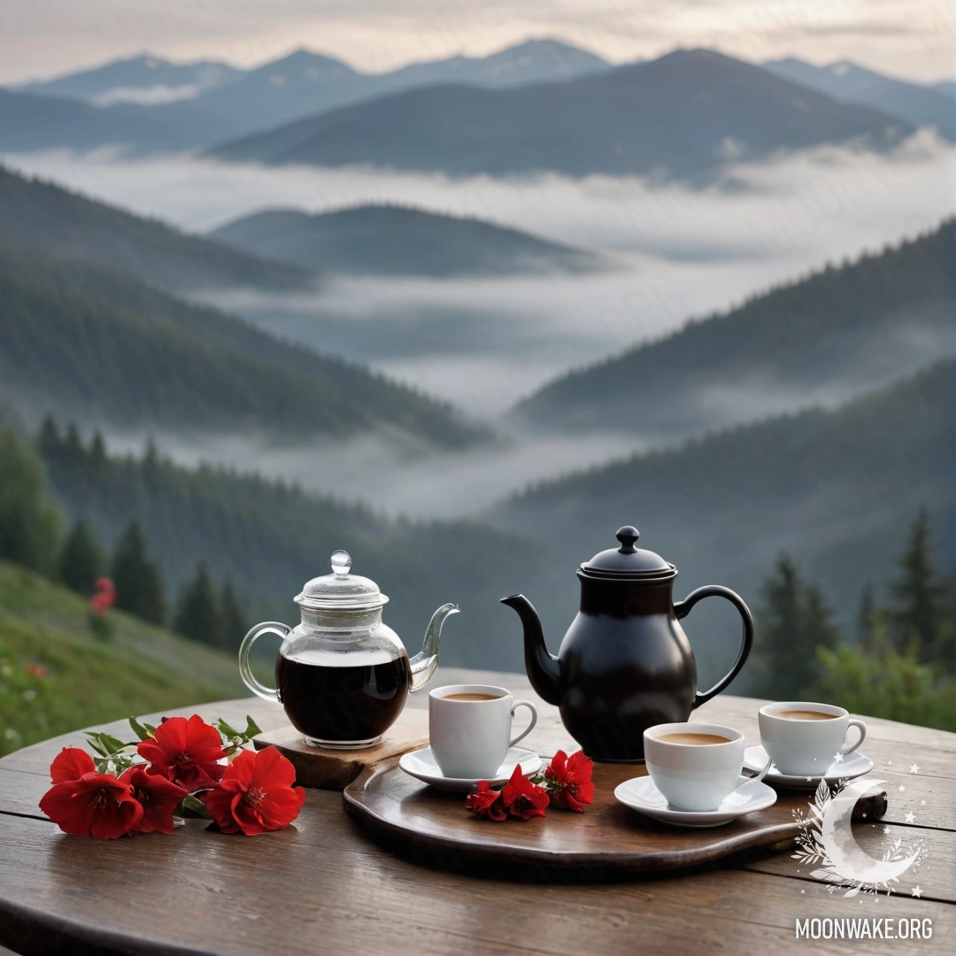 A wooden table adorned with a jar of red flowers, a coffee pot, and cups, set against a backdrop of misty mountains.