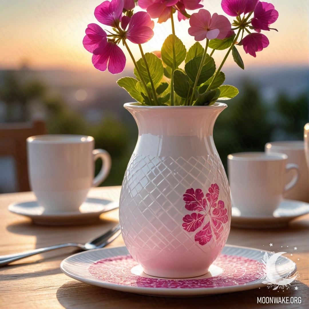 A serene scene featuring white porcelain cups with a pink pattern on a round straw napkin and a white vase with clover, all bathed in sunset light.