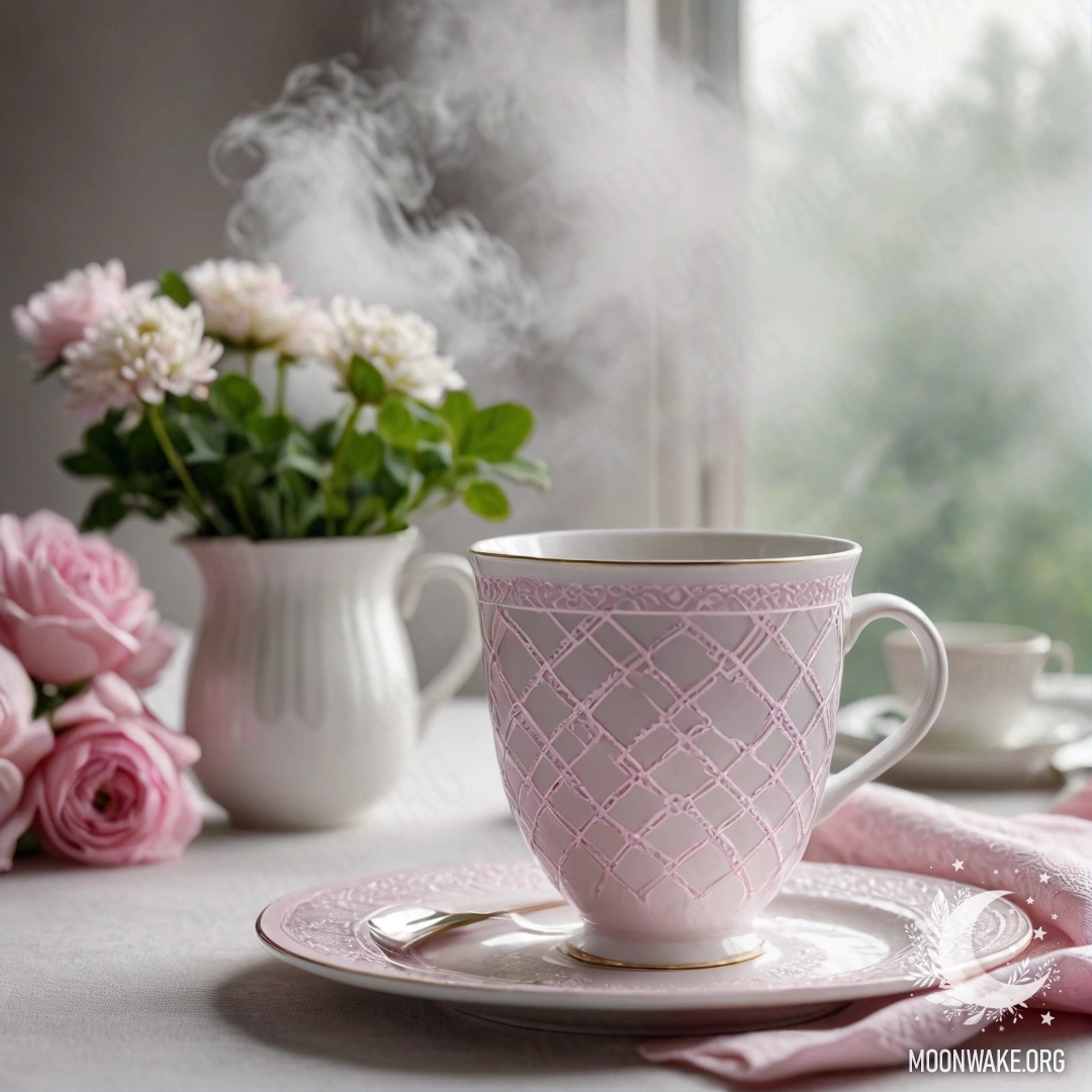 A round straw napkin with white porcelain cups and a pink pattern, clover in a white vase, all shrouded in dense mist.