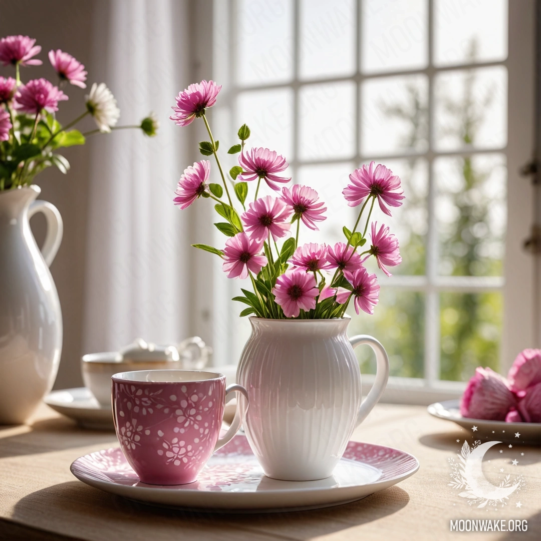 Charming Tea Set with Clover in Sunlight A round straw napkin features white porcelain cups with pink patterns, accompanied by a clover in a white vase, all illuminated by gentle sun rays.