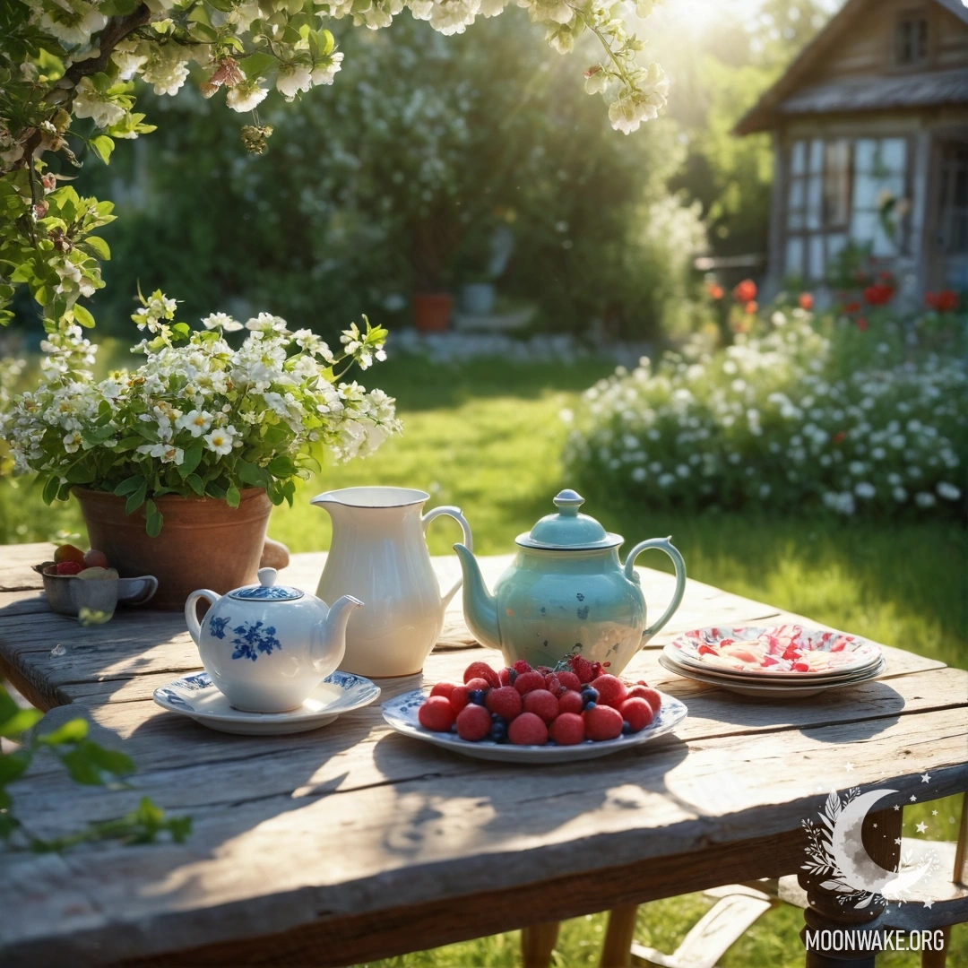 A shabby vintage table with cups, a teapot, berries, milk, and flowers under a blossoming apple tree, illuminated by sun rays.