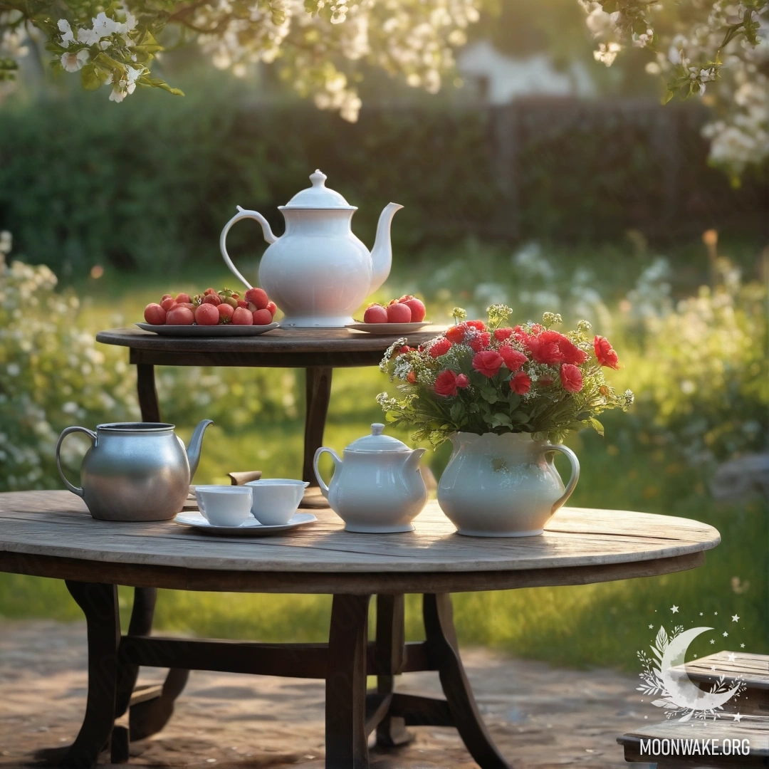 Charming Tea Setup Under Apple Tree A vintage table with cups, a teapot, berries, and flowers under a blossoming apple tree at sunset.