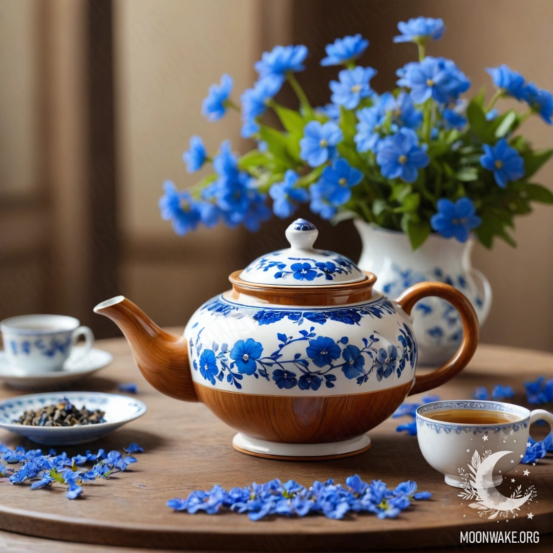 Charming Tea Time with Blue Flowers A round wooden table adorned with a porcelain teapot filled with blue flowers.