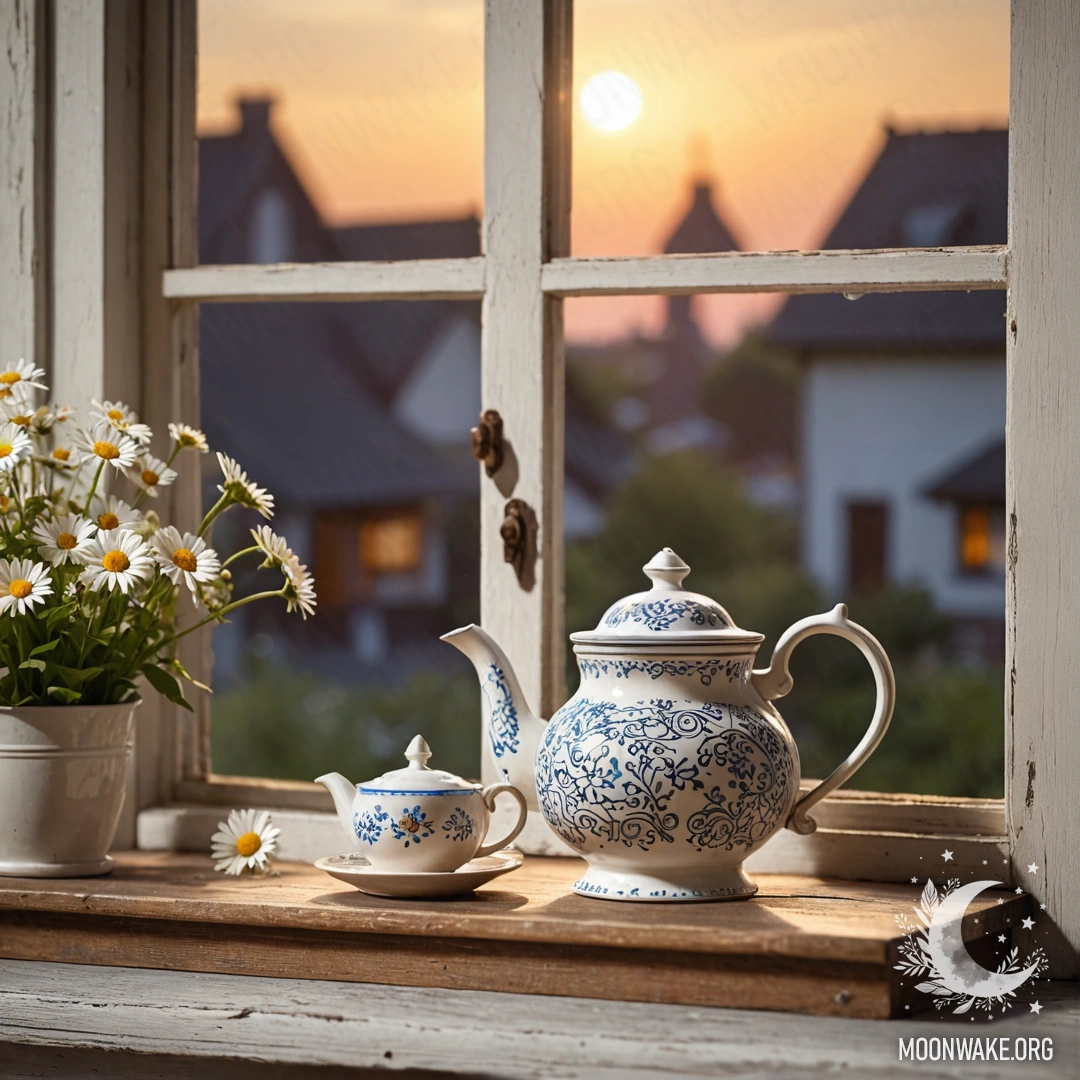 A metal teapot with patterns filled with daisies on a wooden window sill at sunset.