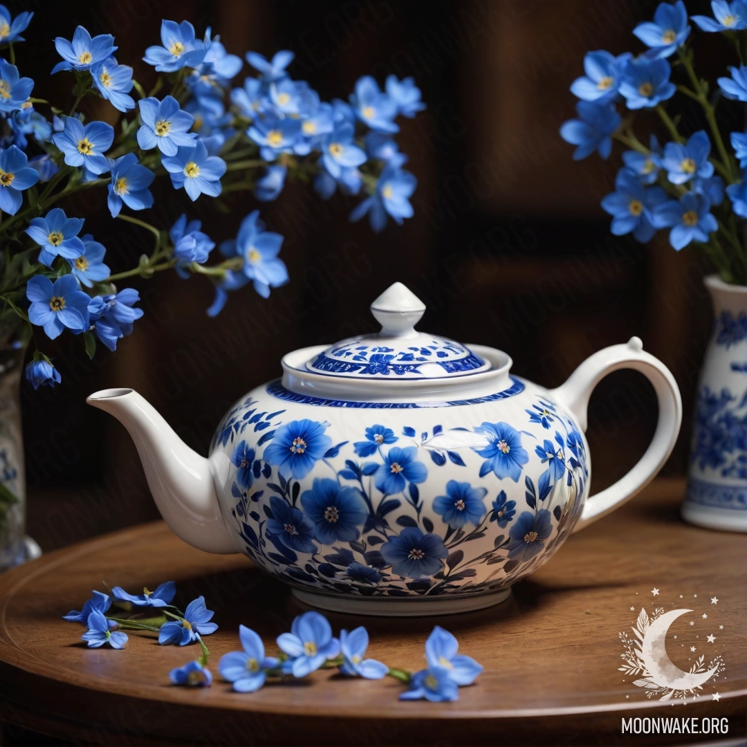 A charming round wooden table with a porcelain teapot filled with blue flowers, set in a serene night atmosphere.