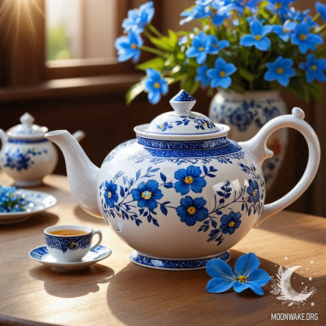 A round wooden table with a porcelain teapot filled with blue flowers, illuminated by soft sun rays.
