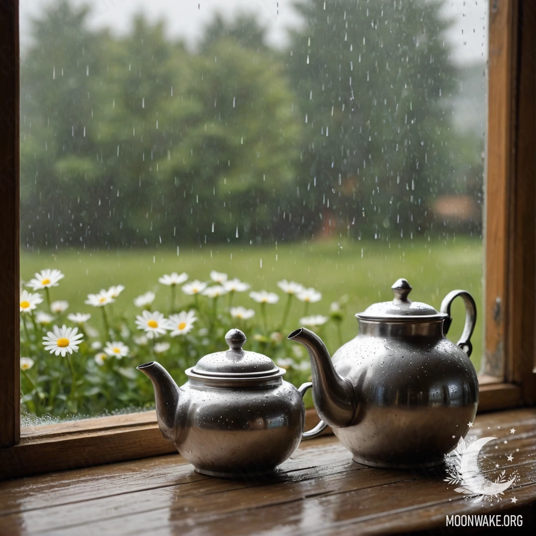 A metal teapot adorned with patterns rests on a shabby wooden windowsill, surrounded by daisies and gently falling rain.