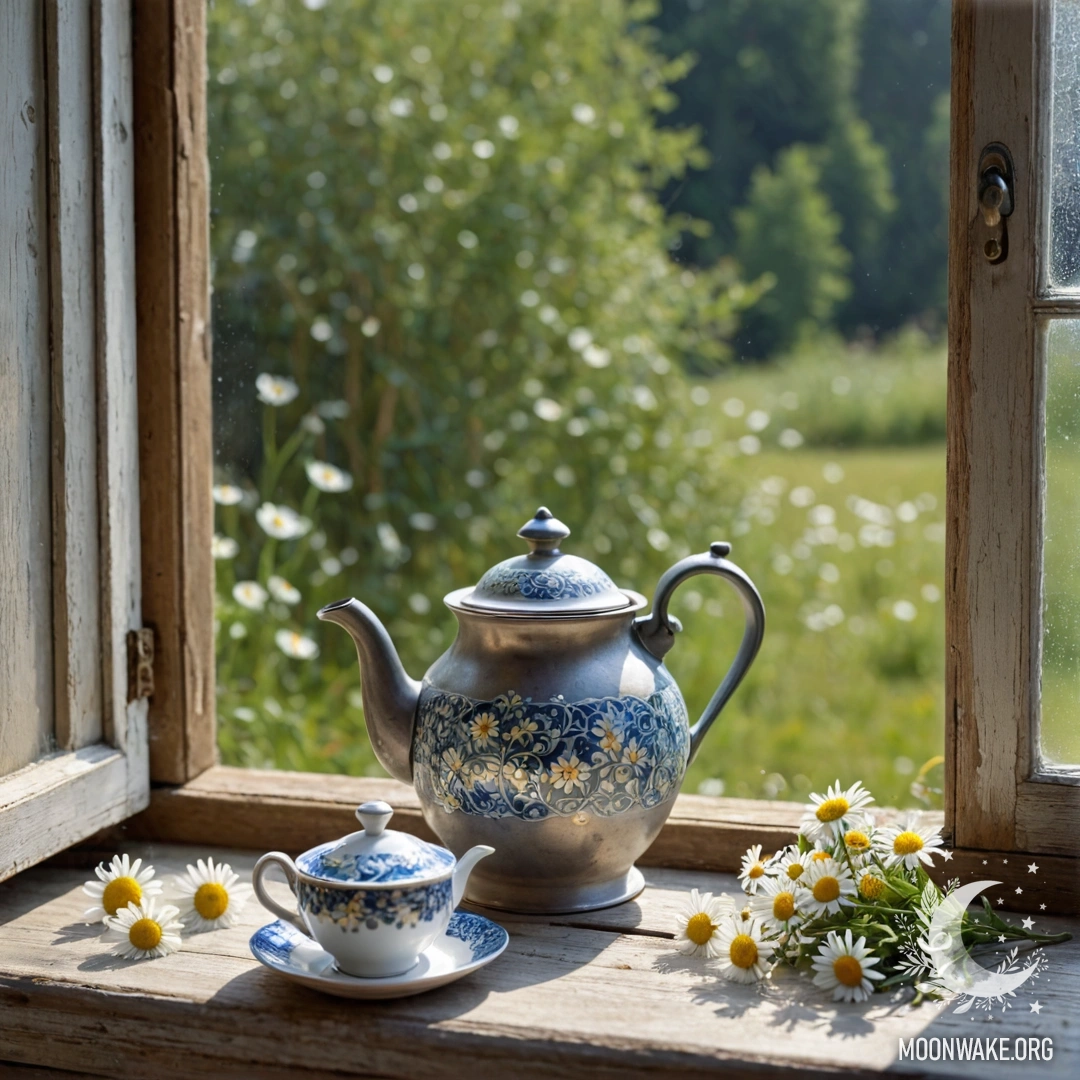 A metal teapot with floral patterns rests on a shabby wooden window sill, surrounded by daisies.