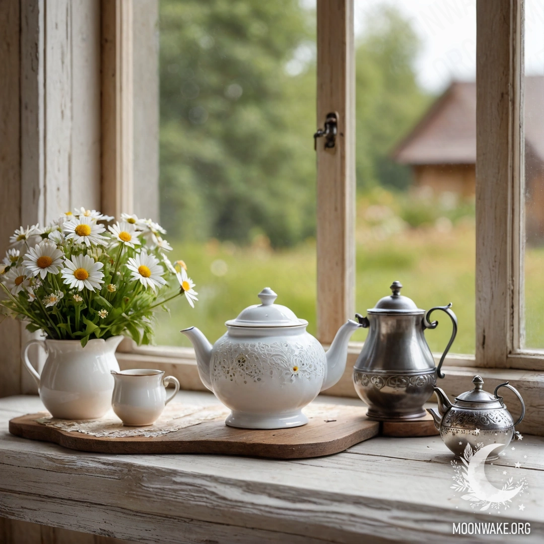 A rustic wooden windowsill featuring a metal teapot adorned with patterns and filled with daisies.