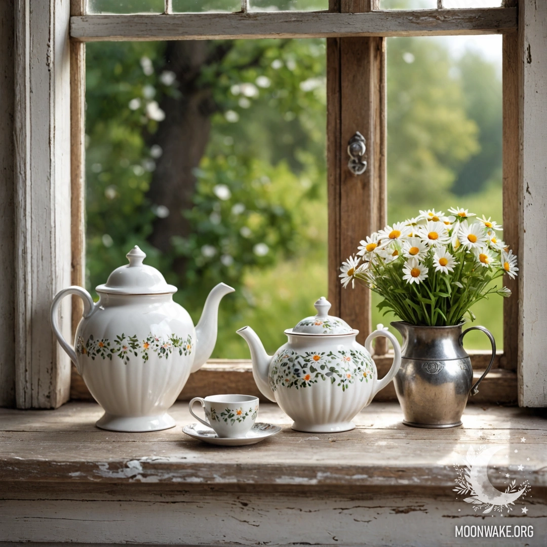 A metal teapot adorned with patterns, holding daisies, placed on a shabby wooden window sill.