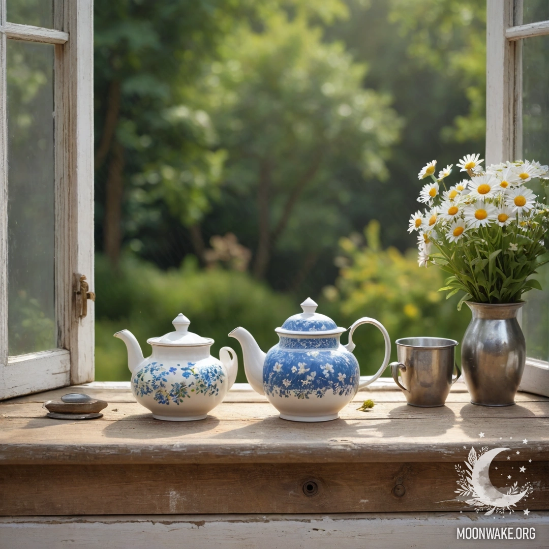 Charming Teapot with Daisies on a Wooden Window Sill A metal teapot with patterns holding daisies on a shabby wooden windowsill.